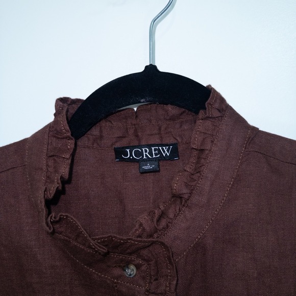 New J. Crew Roasted Cocoa Brown Linen Ruffle Trim Button-Up Shirt Size Large - Picture 3 of 7